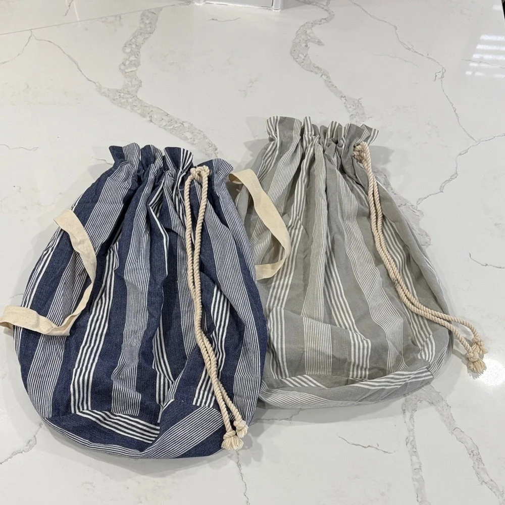 Set of 2 Striped Cotton Canvas Large Laundry Bags - Navy Blue, Grey, White